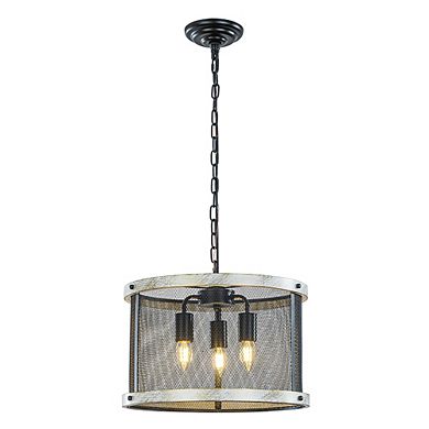 3-Light 16" Black Mesh And Weathered White Wood Frame Rustic Farmhouse Drum Chandelier Pendant