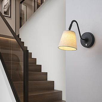 1-Light W5" Mid-century Matte Black Battery Operated Wall Sconces with Beige Fabric Shade Dimmable