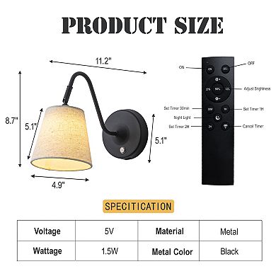 1-Light W5" Mid-century Matte Black Battery Operated Wall Sconces with Beige Fabric Shade Dimmable