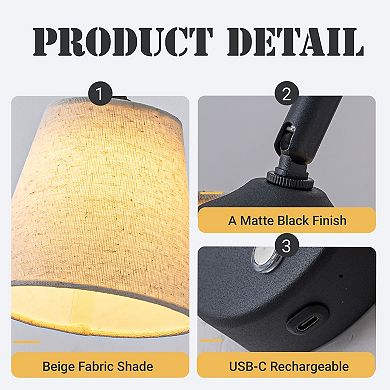 1-Light W5" Mid-century Matte Black Battery Operated Wall Sconces with Beige Fabric Shade Dimmable