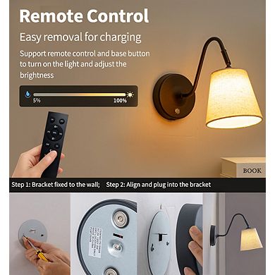 1-Light W5" Mid-century Matte Black Battery Operated Wall Sconces with Beige Fabric Shade Dimmable