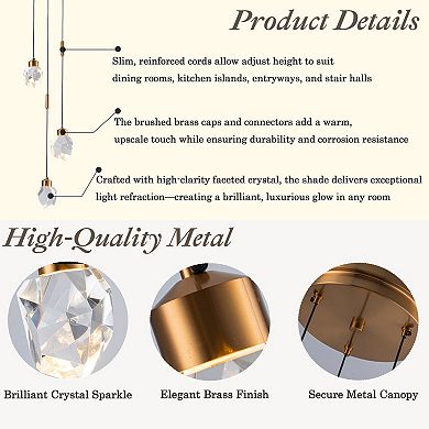 9'' Modern 3-Light Diamond Shape Crystal Cluster Integrated LED Pendant In Antique Gold Round