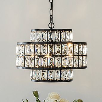 16'' Modern Crystal Chandelier Matte Black Finish 4-Light Tiered Drum Pendant Light for Small Spaces
