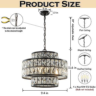16'' Modern Crystal Chandelier Matte Black Finish 4-Light Tiered Drum Pendant Light for Small Spaces