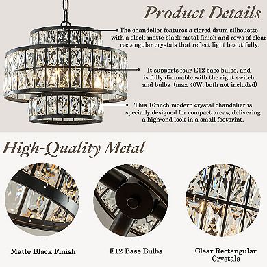 16'' Modern Crystal Chandelier Matte Black Finish 4-Light Tiered Drum Pendant Light for Small Spaces