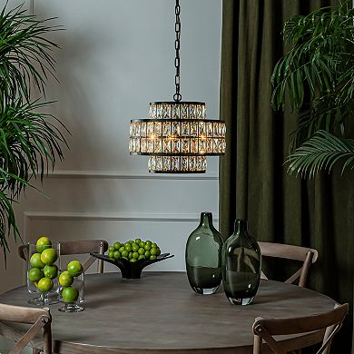 16'' Modern Crystal Chandelier Matte Black Finish 4-Light Tiered Drum Pendant Light for Small Spaces