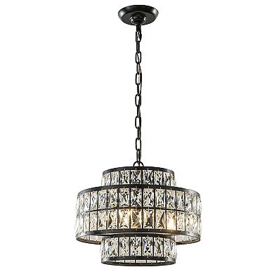 16'' Modern Crystal Chandelier Matte Black Finish 4-Light Tiered Drum Pendant Light for Small Spaces