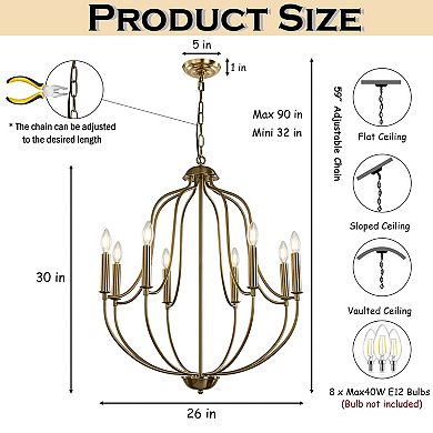 26'' 8-Light Modern Brass Mid-Century Modern Candelabra Chandelier Vintage Candle Pendant Light