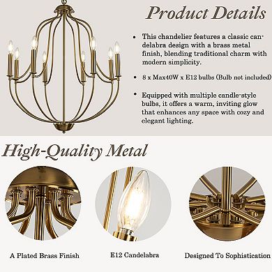 26'' 8-Light Modern Brass Mid-Century Modern Candelabra Chandelier Vintage Candle Pendant Light
