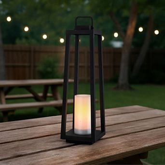 1 Light H24" Modern Matte Black Solar Lantern with Candle Shape Large Outdoor Light Decorative Porta