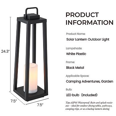 1 Light H24" Modern Matte Black Solar Lantern with Candle Shape Large Outdoor Light Decorative Porta