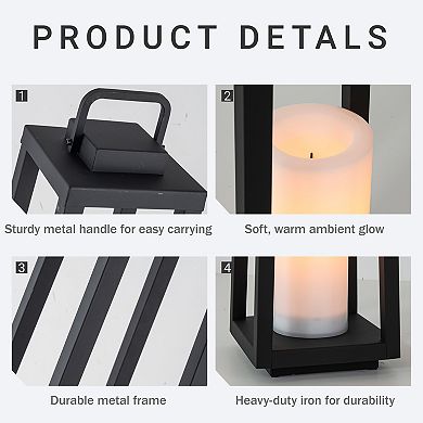 1 Light H24" Modern Matte Black Solar Lantern with Candle Shape Large Outdoor Light Decorative Porta