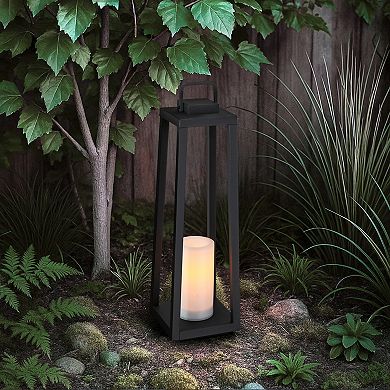 1 Light H24" Modern Matte Black Solar Lantern with Candle Shape Large Outdoor Light Decorative Porta