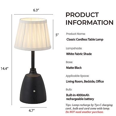 14'' Classic Black Fabric Shade Rechargeable LED Table Lamp Touch Control Cordless USB Nightstand