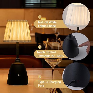 14'' Classic Black Fabric Shade Rechargeable LED Table Lamp Touch Control Cordless USB Nightstand