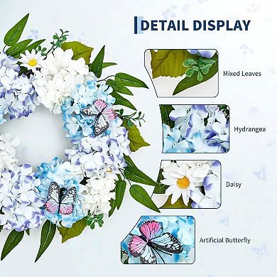20" Spring Summer Wreaths for Front Door,Artificial Hydrangeas Floral Wreath with Butterfly Rose