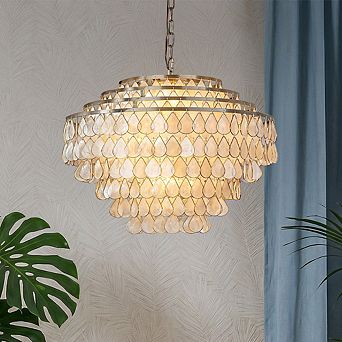 7-Light 24'' Mid-Century Modern Coastal Aged Bronze 4 tier Natural Capiz Shell Chandelier Vintage