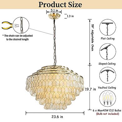 7-Light 24'' Mid-Century Modern Coastal Aged Bronze 4-Tier Natural Capiz Shell Chandelier Vintage