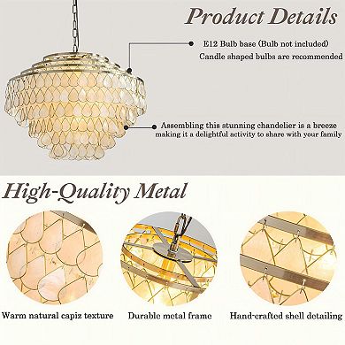 7-Light 24'' Mid-Century Modern Coastal Aged Bronze 4-Tier Natural Capiz Shell Chandelier Vintage