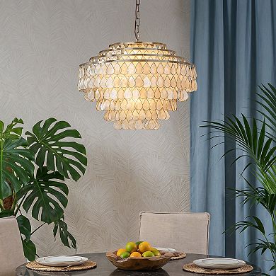 7-Light 24'' Mid-Century Modern Coastal Aged Bronze 4-Tier Natural Capiz Shell Chandelier Vintage