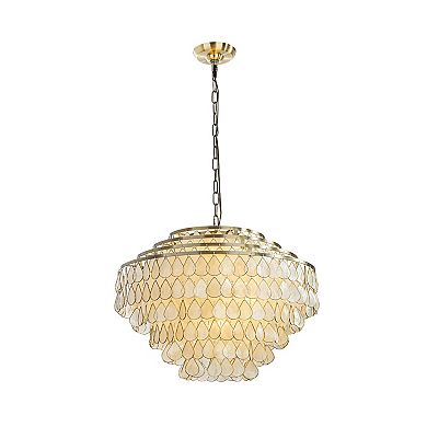 7-Light 24'' Mid-Century Modern Coastal Aged Bronze 4-Tier Natural Capiz Shell Chandelier Vintage
