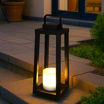 1 Light H16" Modern Matte Black Solar Lantern with Candle Shape Outdoor Light