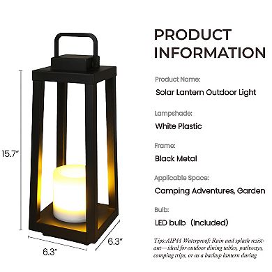 1 Light H16" Modern Matte Black Solar Lantern with Candle Shape Outdoor Light