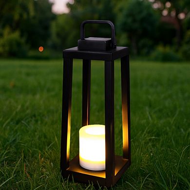 1 Light H16" Modern Matte Black Solar Lantern with Candle Shape Outdoor Light