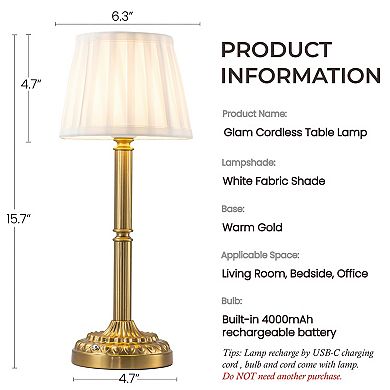 16'' Glam Cordless Table Lamp Touch Control with 3 Way Classic Elegant Dimmable Rechargeable LED