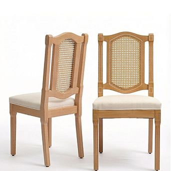 GOODSILO Solid Wood Rattan Back Dining Chair Set with Linen Cushion
