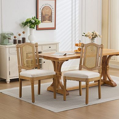 GOODSILO Solid Wood Rattan Back Dining Chair Set with Linen Cushion