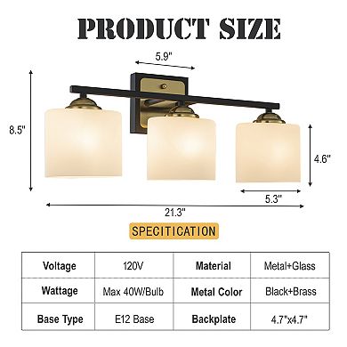 21'' 3-Light Modern Elegant Brass And Black Bathrooom Vanity Light With Milk White Glass Shades