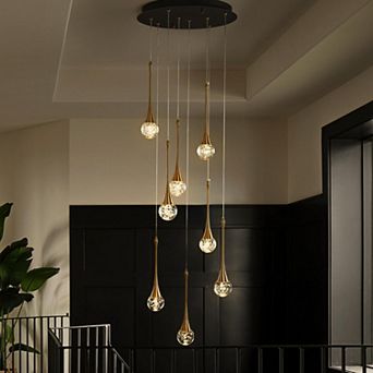 18'' 8-Light Modern Seeded Glass Cluster Integrated LED Teardrop Staircase Chandelier Minimalist
