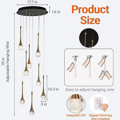 18'' 8-Light Modern Seeded Glass Cluster Integrated LED Teardrop Staircase Chandelier Minimalist