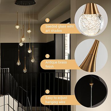 18'' 8-Light Modern Seeded Glass Cluster Integrated LED Teardrop Staircase Chandelier Minimalist