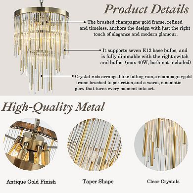 14'' Modern Glam 7-Light Antique Bronze Waterfall Chandelier Adjustable Ceiling Pendant for Bedroom