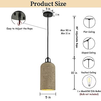 1-Light 5'' Modern Farmhouse Natural Travetine Single Pendant Light Coastal Cylinder Hanging Light