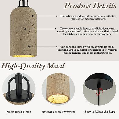 1-Light 5'' Modern Farmhouse Natural Travetine Single Pendant Light Coastal Cylinder Hanging Light