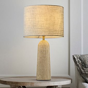 1-Light 21'' Vintage Classic Natural Travetine Tapered Table Lamp With Beige Linen Shade For Bedroom