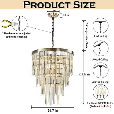 20'' Antique Bronze Modern Glam Chandelier with Adjustable Drop 9-Light Tiered Pendant