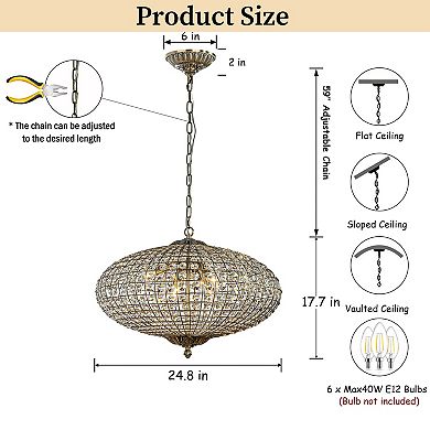 25'' Wide 6-Light Retro French Crystal Drum Chandelier in Antique Bronze