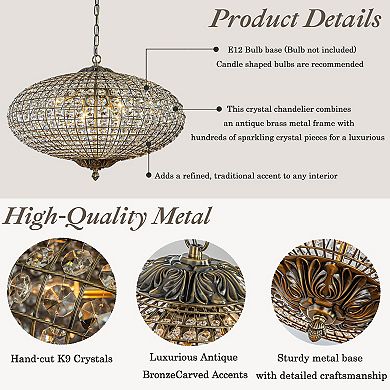 25'' Wide 6-Light Retro French Crystal Drum Chandelier in Antique Bronze
