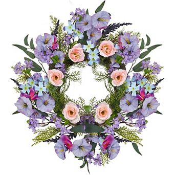 20 Inch Artificial Trumpet Rose Wreath Purple & Pink Spring Summer Fall Winter Door Decor