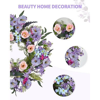20 Inch Artificial Trumpet Rose Wreath Purple & Pink Spring Summer Fall Winter Door Decor