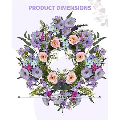 20 Inch Artificial Trumpet Rose Wreath Purple & Pink Spring Summer Fall Winter Door Decor