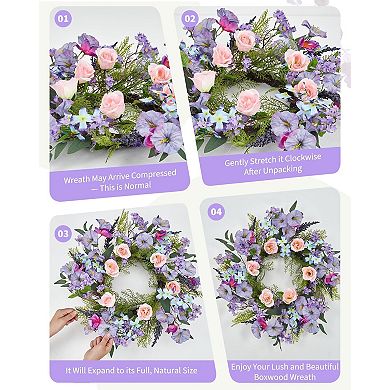 20 Inch Artificial Trumpet Rose Wreath Purple & Pink Spring Summer Fall Winter Door Decor