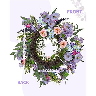 20 Inch Artificial Trumpet Rose Wreath Purple & Pink Spring Summer Fall Winter Door Decor