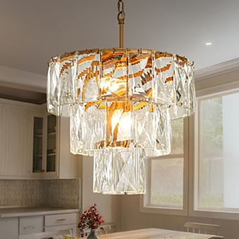 18'' 4-Light Mid-Century Modern Glam Antique Gold Crystal Tiered Chandelier Luxury Ceiling