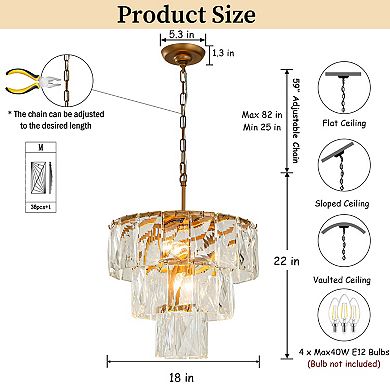 18'' 4-Light Mid-Century Modern Glam Antique Gold Crystal Tiered Chandelier Luxury Ceiling