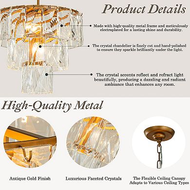 18'' 4-Light Mid-Century Modern Glam Antique Gold Crystal Tiered Chandelier Luxury Ceiling